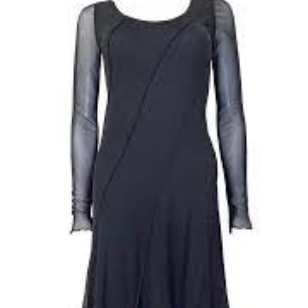 Fuzzi Black Mesh Long Sleeve Seamed Asymmetric Cocktail Shift Dress Size L - Picture 2 of 7